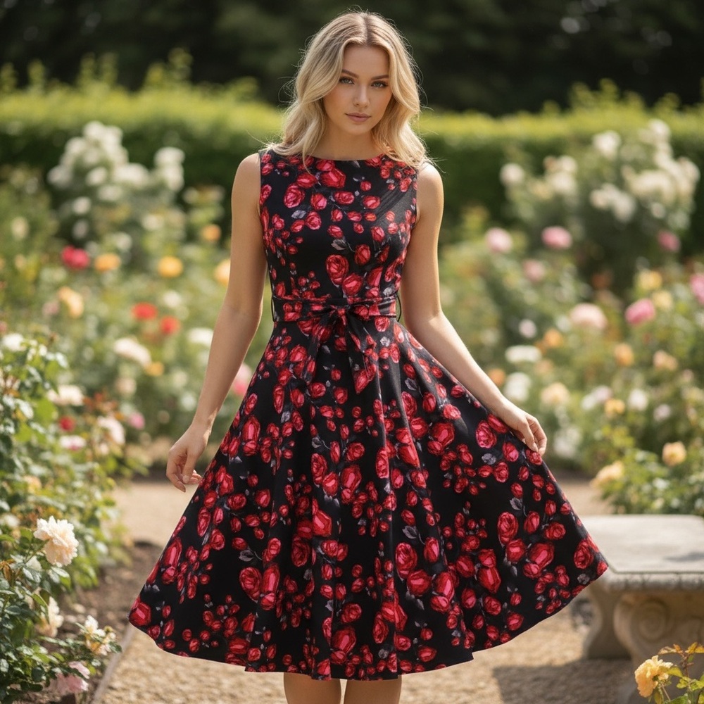 Acevog: Floral (Roses) Fit & Flare 50’s Swing Dress 🌹💃🏽